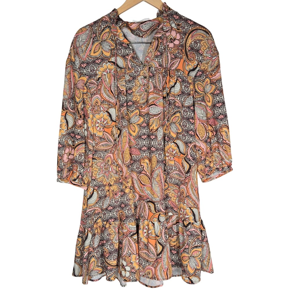 MNG Casual Dress Women's Small Orange Pink Paisley Print Long‎ Sleeve Mini 4